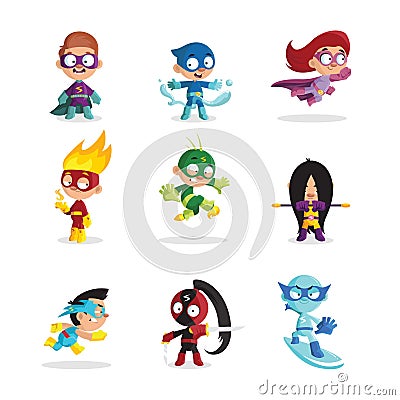 Kids in colorful superhero costumes set, funny boys and girls characters cartoon vector Illustrations Vector Illustration