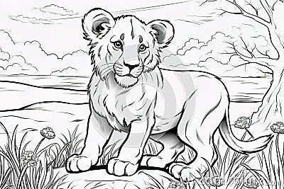 Kids coloring book image, lion cub, basic line drawing, simple image for young children to be able to color in Stock Photo