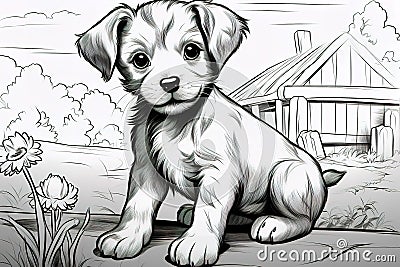 Kids coloring book image, puppy, basic line drawing, simple image for young children to be able to color in Stock Photo