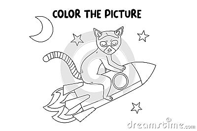 Kids coloring book page. Lemur on a rocket ship isolated on white background. Vector Illustration