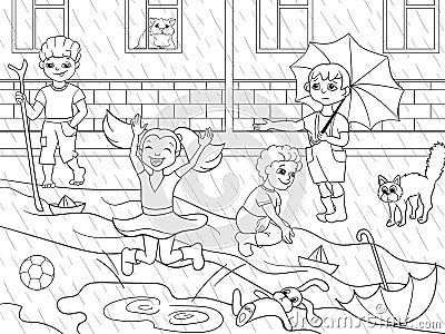 Kids coloring vector children playing in rainy weather Vector Illustration