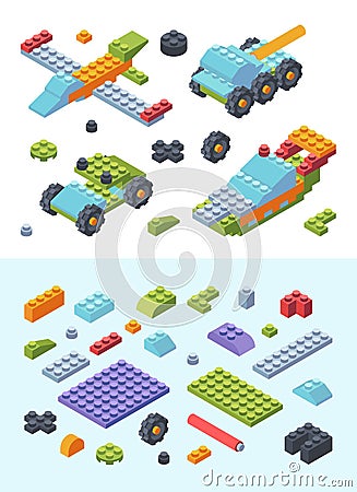 Kids constructor toys isometric set. Variety modern colored tiles details assembled toy models wheeled tank airplane Vector Illustration