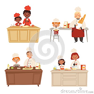 Kids cooking. Chef uniform making food with adults cook male and female professional peoples vector characters Vector Illustration