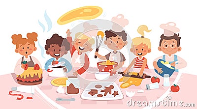 Kids cooking illustrations. Happy children prepare cake, soup and biscuits. Boys and girls in chef hat Vector Illustration