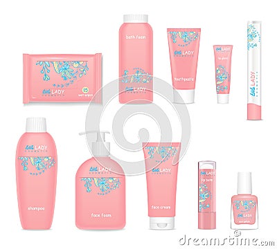 Kids cosmetic tubes with flower design. Vector Vector Illustration