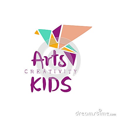 Kids Creative Class Template Promotional Logo With Origami Bir, Symbols Of Art and Creativity Vector Illustration