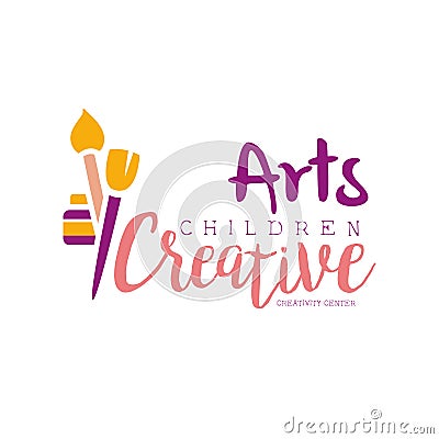 Kids Creative Class Template Promotional Logo With Paintbrushes And Paint Bottle, Symbols Of Art and Creativity Vector Illustration