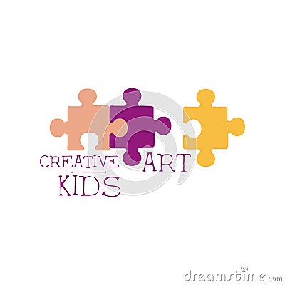 Kids Creative Class Template Promotional Logo With Puzzle Pieces, Symbols Of Art and Creativity Vector Illustration