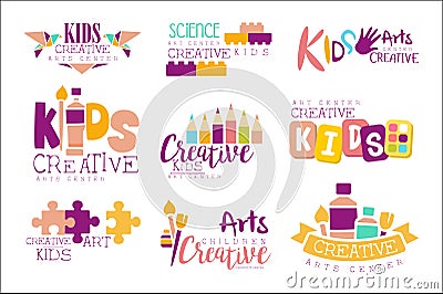 Kids Creative And Science Class Template Promotional Logo Set With Symbols Of Art Creativity, Painting Origami Vector Illustration