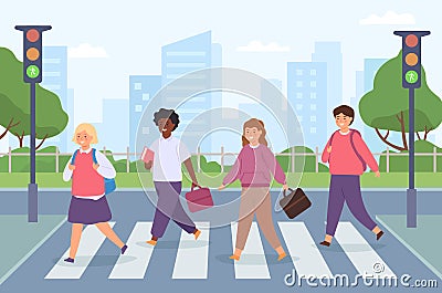 Kids crossing road. Group of student on street crosswalk with traffic light. Children cross pedestrian zebra on way to Vector Illustration