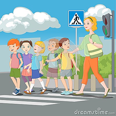 Kids crossing road with teacher. Vector illustration. Vector Illustration