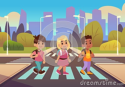 Kids crosswalk. Road safety zebra traffic light warning, students school child pedestrian sidewalk, street car urban Vector Illustration