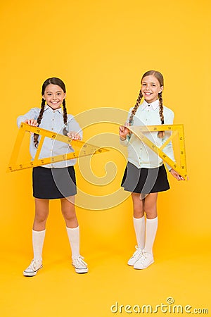 Kids cute students study math. Knowledge day. Move from theory to practice. Excellent pupils. Secondary school Stock Photo