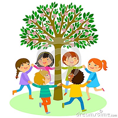 Kids dance around a tree Vector Illustration