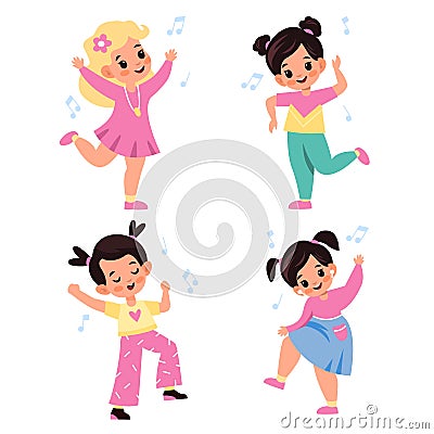 Kids dancing. Children characters dance and sing, little happy girls listen melodies, young music lovers together, notes Vector Illustration