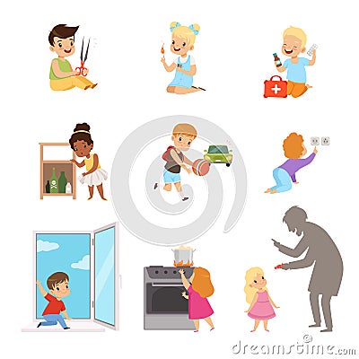 Kids in a dangerous situations set, children playing with matches, medicines, sharp objects, electricity, strangers Vector Illustration