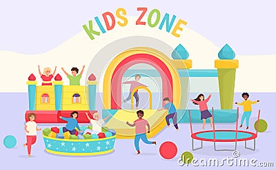 Kids day care playground. Girls and boys playing in room with trampolines, bouncy castles, soft pool and slide. Playroom Vector Illustration