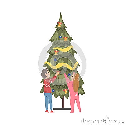 Kids Decorating Christmas Tree with Baubles and Garland, Boy abd Girl Preparing for Holiday Celebration, Merry Xmas and Vector Illustration