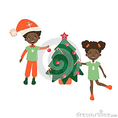 Kids decorating a Christmas tree vector illustration. Vector Illustration
