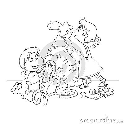 Kids decorating a Christmas tree Cartoon Illustration