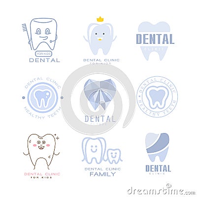 Kids Dental Clinic And Dentist Cabinet Set Of Label Templates In Different Creative Styles And Light Blue Shades Vector Illustration