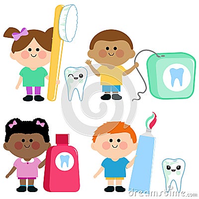 Children dental hygiene. Vector illustration set Vector Illustration