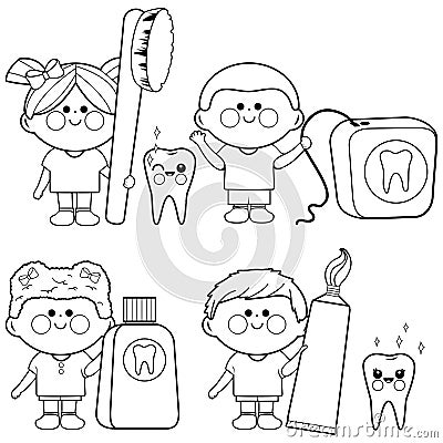 Children dental hygiene collection. Vector black and white coloring page. Vector Illustration