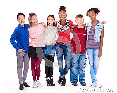 Kids with different clothes standing together Stock Photo