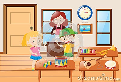 Kids and different kinds of musical instrument Vector Illustration