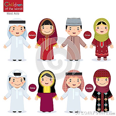 Kids in different traditional costumes (Bahrain, Oman, Qatar, Jo Vector Illustration