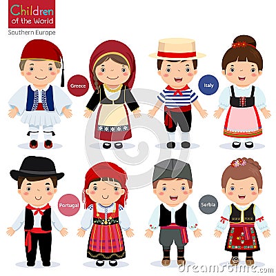 Kids in different traditional costumes (Greece, Italy, Portugal, Vector Illustration