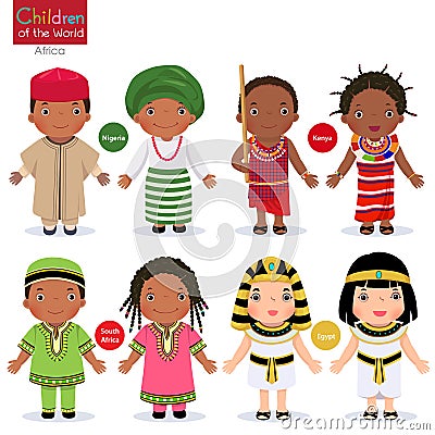 Kids in different traditional costumes. Nigeria, Kenya, South Africa, Egypt. Vector Illustration