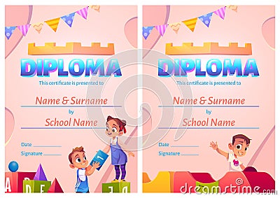 Kids diploma, cartoon certificate with children Vector Illustration