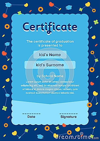 Kids Diploma certificate in cute cosmos style background template layout design Vector Illustration