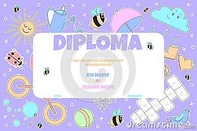Kids Diploma or certificate template with colorful background Vector Illustration