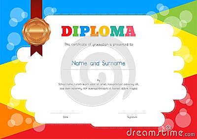 Kids Diploma or certificate template with colorful background Vector Illustration