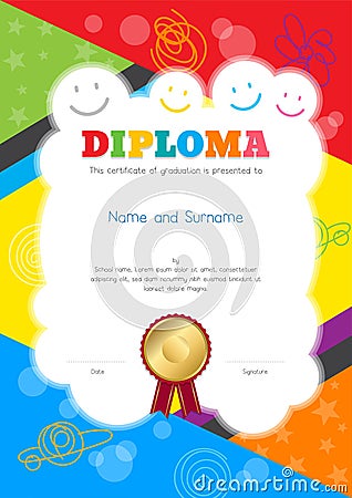Kids Diploma or certificate template with colorful and hand draw Vector Illustration