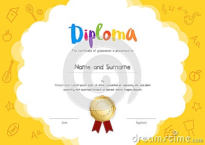 Kids Diploma or certificate template with hand drawing cartoon s Vector Illustration