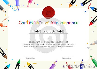 Kids Diploma or certificate template with painting stuff border Vector Illustration