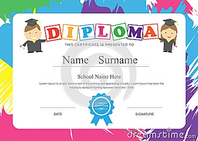 Kids diploma preschool certificate elementary school design temp Vector Illustration