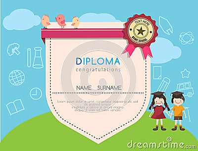 Kids diploma preschool certificate elementary school design template background Vector Illustration