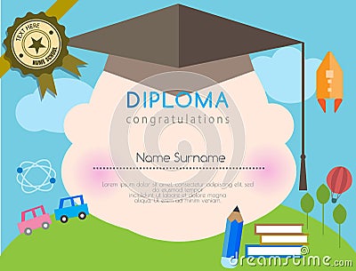 Kids diploma preschool certificate elementary school design template background Vector Illustration