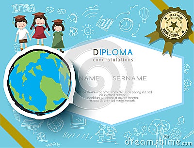 Kids diploma preschool certificate elementary school design Vector Illustration