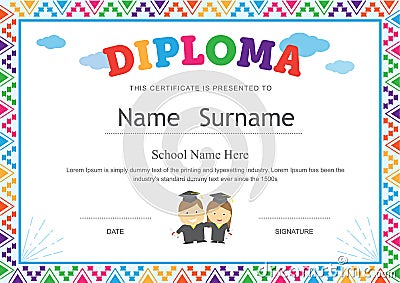 Kids diploma preschool certificate elementary school template ba Vector Illustration