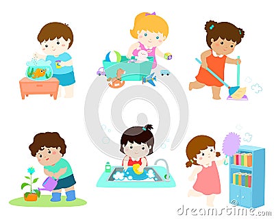 Kids do housework vector set. Vector Illustration