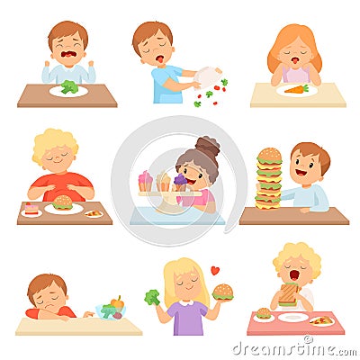 Kids Do Not Like Vegetables Set, Cute Boys and Girls Enjoying Eating of Fast Food and Sweets Vector Illustration Vector Illustration