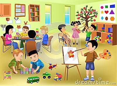 Kids doing different activities in kindergarten Vector Illustration