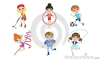Kids Doing Different Kind of Sports Set, Boys and Girls Playing Golf, Soccer, Football, Jumping with Skipping Rope Vector Illustration