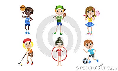 Kids Doing Different Kind of Sports Set, Boys and Girls Playing Volleyball, Basketball, Tennis, Golf, Soccer Vector Vector Illustration