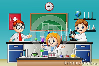 Kids doing experiment in the lab Vector Illustration